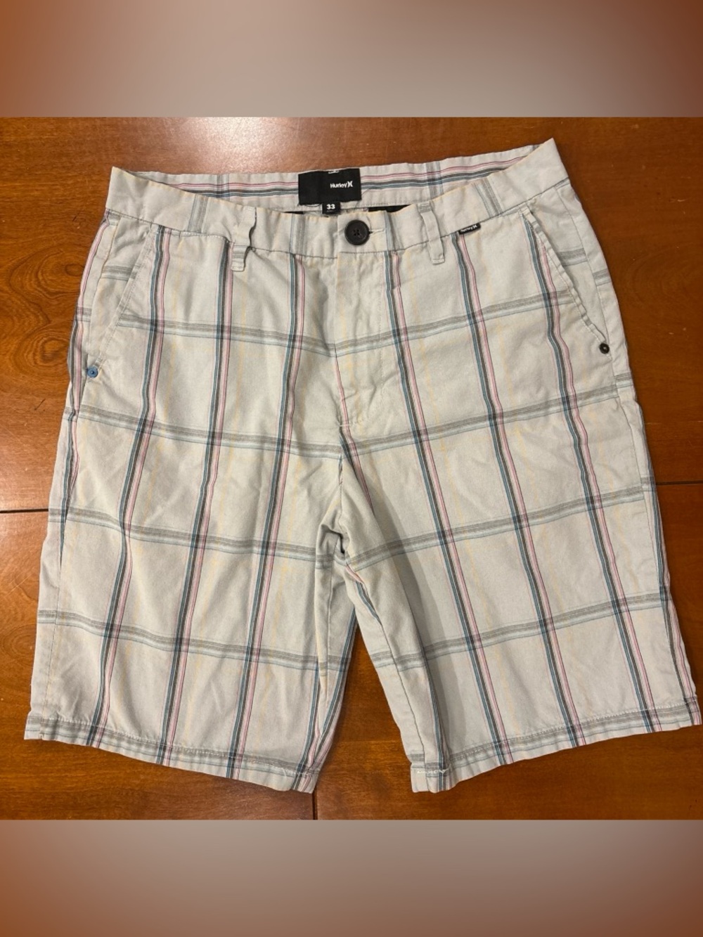 Hurley Light Gray Plaid Shorts with Pink and Yellow Stripes.  Size 33